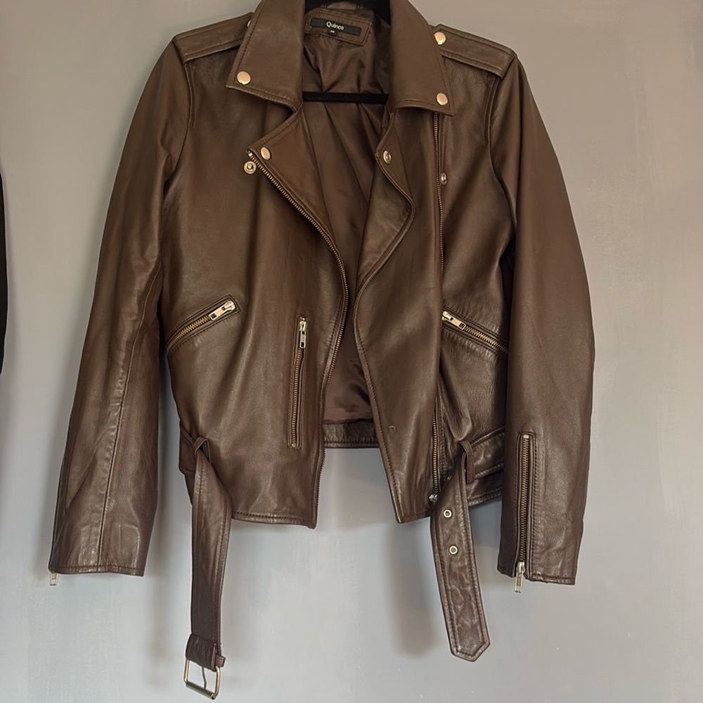 Quince Brown 100% Leather Belted Biker Jacket | Perfect for spring | Size Medium